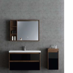 ארון אמבטיה דגם ענת עץ ושילוב מגירות זכוכית שחורה