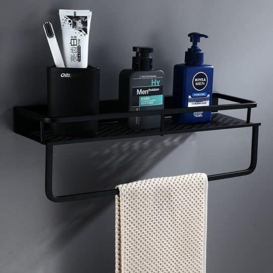מדף אחסון אלומיניום לאמבטיה עם מתלה למגבת בצבע שחור 30 ס"מ 1