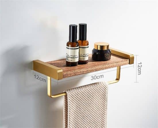 מדף אחסון מעץ לאמבטיה עם מתלה למגבת אורך 30 ס"מ, עומק 12 ס"מ, גובה 12 ס"מ 6