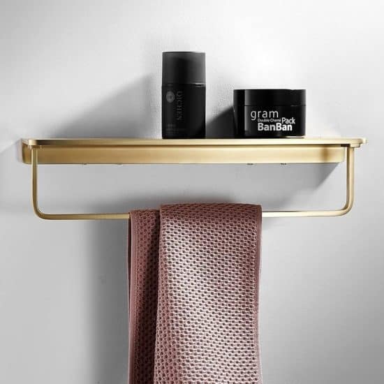 מדף אחסון לאמבטיה עם מתלה למגבת בצבע זהב 1